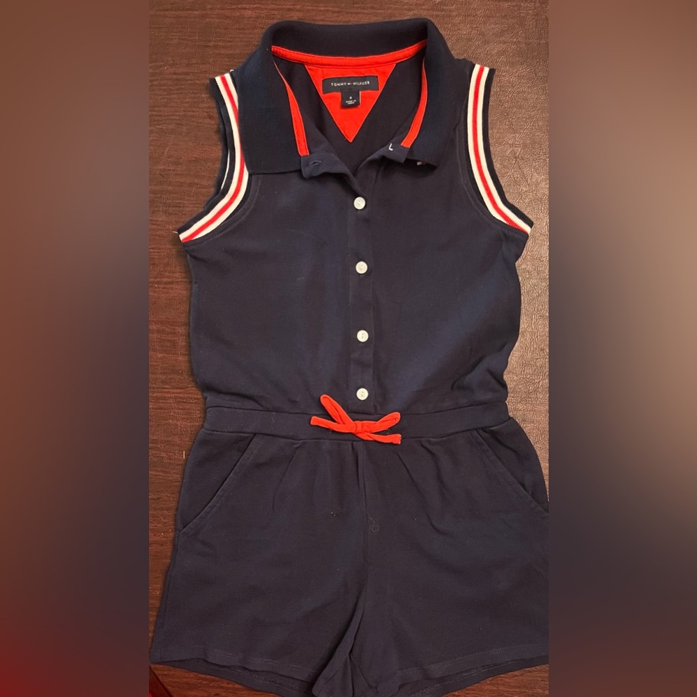 Tommy Hilfiger Navy Sleeveless Polo Romper with Red Accents